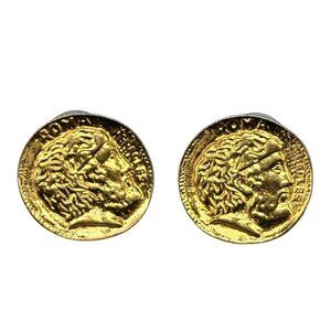 Roman Hercules Coin Post Earrings Gold Tone Antiqued Look Pierced Ears